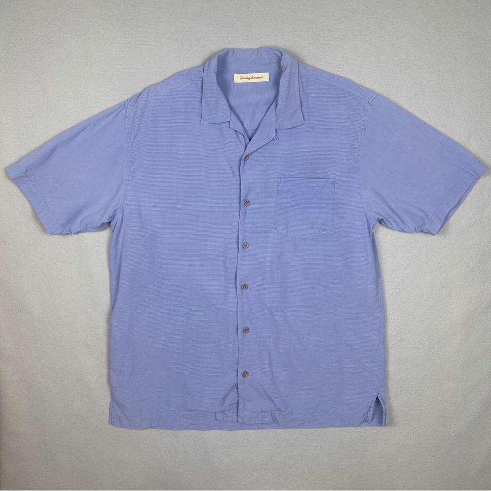 Tommy Bahama Silk Shirt Mens Large Blue Camp Collar Hawaiian Button Up L Solid